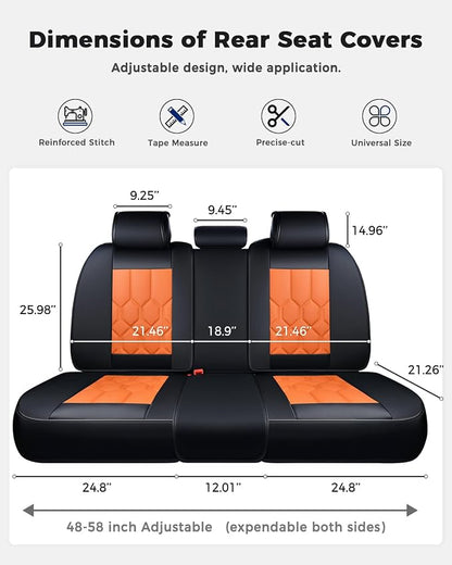 Huidasource Seat Covers Full Set, Universal Fit for Most Cars SUV Trucks, Full Coverage Leather Seat Cover, Airbag, Cupholder Compatible, Seat Function Retain, Easy Install with Velcro, Black&Orange
