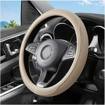 Zpana Car Steering Wheel Cover, 14.5-15" Breathable Soft Leather Vehicle Steering Wheel Protector with Anti-Slip Lining, Comfortable Auto Interior Decoration Accessories, Universal Fit (Beige)