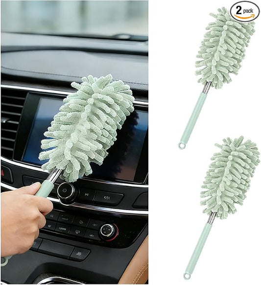 Zpana 2PCS Car Interior Duster with Extension Pole, Soft Chenille Retractable Washable Dash Detailing Cleaner, Auto Window Cleaning Brush Duster for Interior Exterior, Universal Fit (Green)
