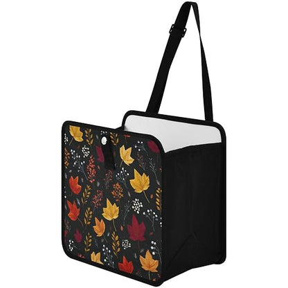 Car Trash Can Organizer Bin with Adjustable Strap for Back Front Seat Console Waterproof Leakproof Collapsible Portable 8.66 Inch Autumn Leaf Pattern Black