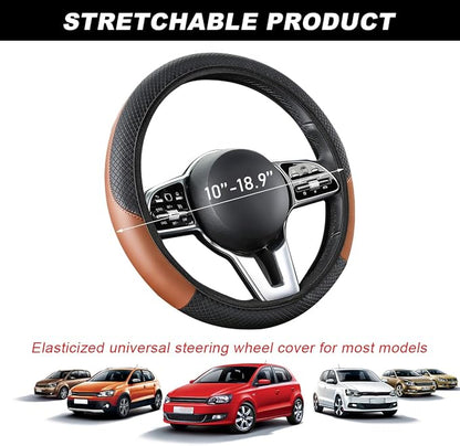 DXNQ Car Steering Wheel Cover, 15 Inch Carbon Fiber Leather Stitching Color Steering Wheel Protector, Anti-Slip Elastic Breathable Steering Wheel Cover Stylish Decor for Most Cars (Black&Khaki, AD)