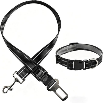 Reflective Nylon Pet Car Safety Set, Adjustable Dog Collar + Seatbelt, Travel Safety Kit for Dogs & Cats