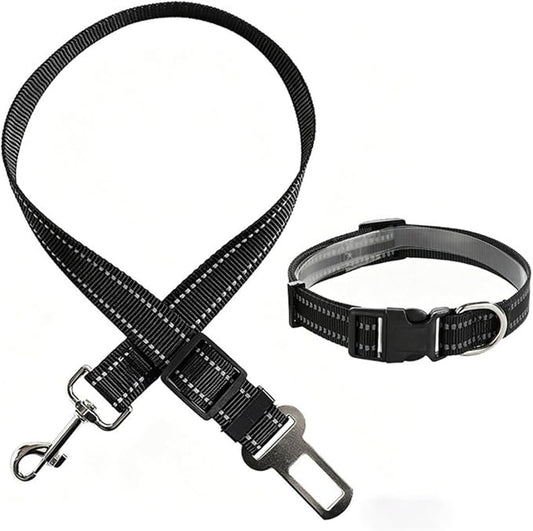 Reflective Nylon Pet Car Safety Set, Adjustable Dog Collar + Seatbelt, Travel Safety Kit for Dogs & Cats