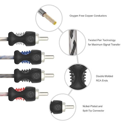 RECOIL RCI412 100% Oxygen Free Copper 12ft 4-Channel RCA Audio Cable, Twisted Pair with Noise Reduction