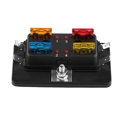 4 Way Circuit BladeBox Block Holder with LED Warning Light Kit for Car Van Boat Marine