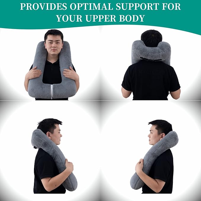 FHSGGP Travel Pillow Upgraded Version of Aircraft Travel Neck Pillow with Storage Bag, Sleep Pillows for Travel by Train, Car, or Plane, Supporting the Head and Body, Travel Pillow for Kids Grey