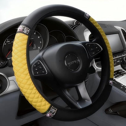 Soft Leather Car Steering Wheel Cover, Universal 15 Inch Colorful Rhinestones Anti-Slip Elastic Steering Wheel Covers for Most Cars, Sparkly Crystal Diamond for Women Girls (Yellow)