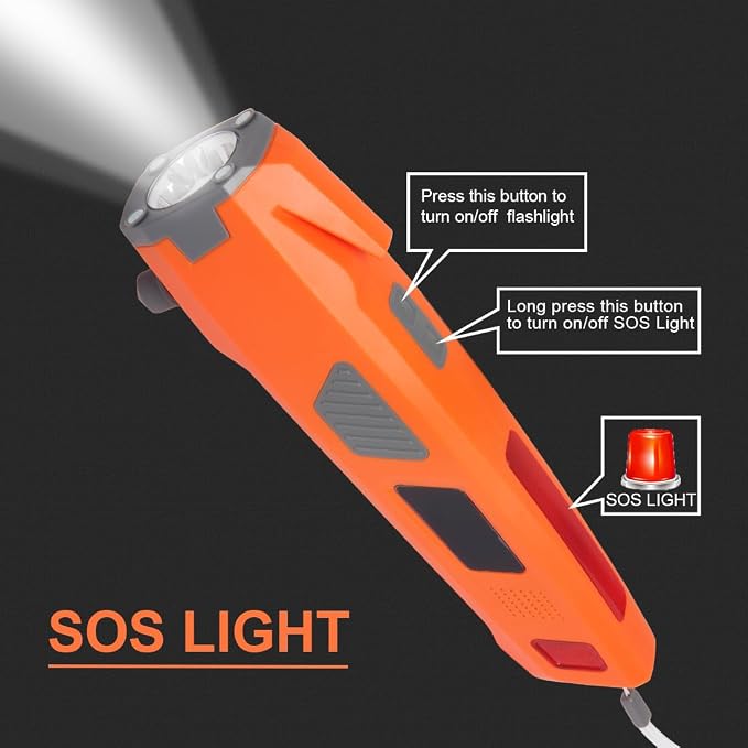 LUXON Car Emergency Escape Tool 8-in-1,Car Safety Tool:Window Breaker,Seat Belt Cutter,LED Flashlight,USB Charger,SOS Light,Hand Cranking Charge,Magnetic,Siren Alarm