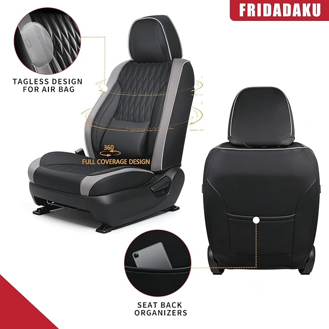 Car Seat Covers , Luxury Breathable Waterproof Faux Leatherette Car Seat Covers Cushion Protectors with Lumbar Support, Car Seat Cushion, Universal Fit Most Cars (Black-Gray, Full Set - 5 Seats)