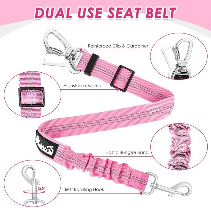Lukovee Dog Car Harness Seat Belt, Adjustable Mesh Breathable Vest with Elastic Bungee Tether, Soft Padded 2-in-1 Safety Car Harness Seatbelt for Small Medium Large Dogs (A-Pink,L)