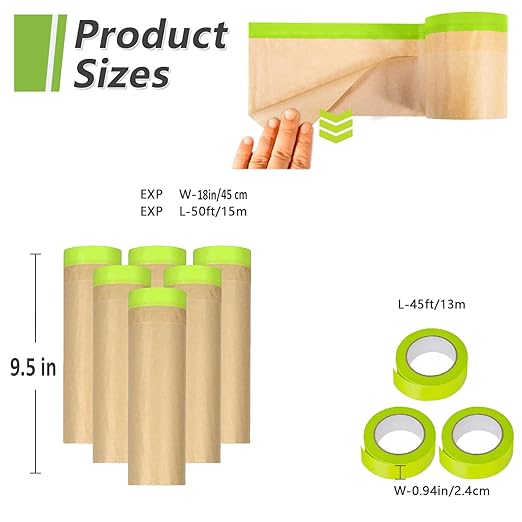 6 Rolls Pre-Taped Masking Paper for Painting and 3 Rolls Masking Tape Set -18 inch x 50 feet Tape and Drape for Painting, Painters Paper for Automotive Paint Masking, Floor Protection,Wall Covering