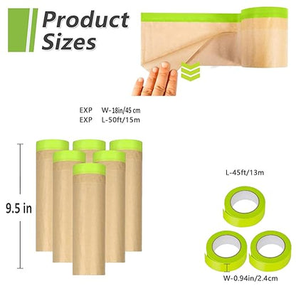 6 Rolls Pre-Taped Masking Paper for Painting and 3 Rolls Masking Tape Set -18 inch x 50 feet Tape and Drape for Painting, Painters Paper for Automotive Paint Masking, Floor Protection,Wall Covering