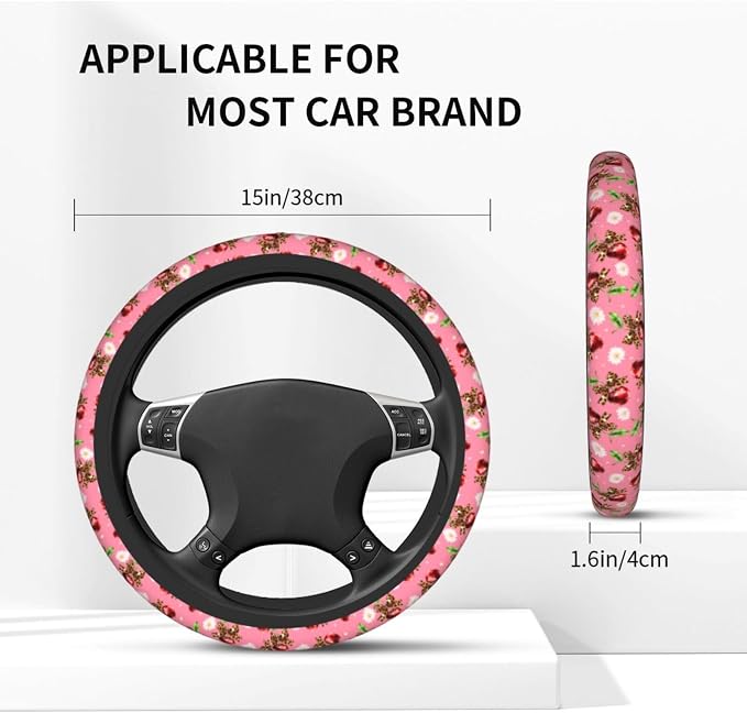 Cherry Flower Steering Wheel Covers Non Slip Neoprene Universal 15 Inch Steering Wheel Protector Car Cover for Men Women