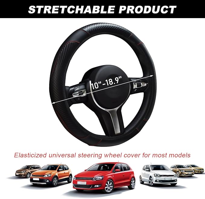 DXNQ Car Steering Wheel Cover, 15 Inch Carbon Fiber Leather Stitching Color Steering Wheel Protector, Anti-Slip Elastic Breathable Steering Wheel Cover Stylish Decor for Most Cars (Black)