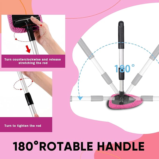 Car Window Cleaner, Car Cleanser Brush, Car Accessories Car Cleaning Supplies Tools, Car Cleaning Kit with Extendable Handle, Microfiber Cloth, Spray Bottle, Fits All Cars (Pink)