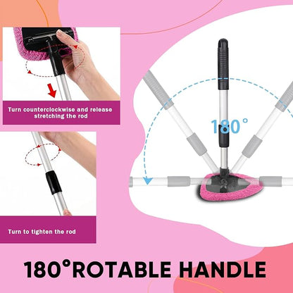 Car Window Cleaner, Car Cleanser Brush, Car Accessories Car Cleaning Supplies Tools, Car Cleaning Kit with Extendable Handle, Microfiber Cloth, Spray Bottle, Fits All Cars (Pink)