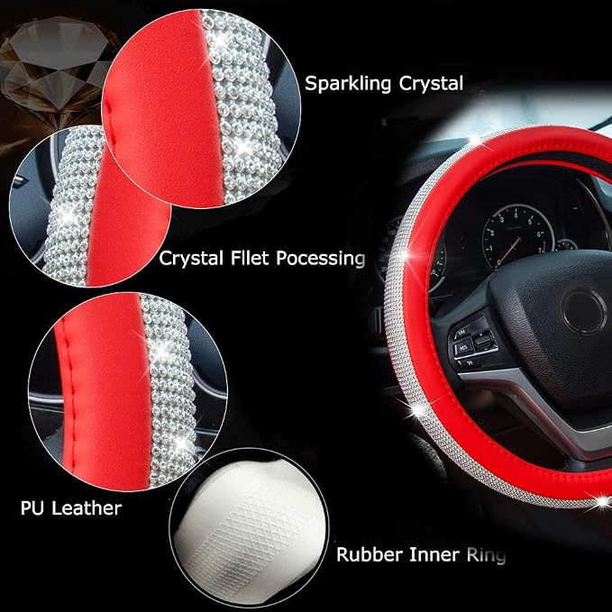 New Diamond Leather Steering Wheel Cover with Bling Bling Crystal Rhinestones, Universal Fit 15 Inch Car Wheel Protector for Women Girls Red