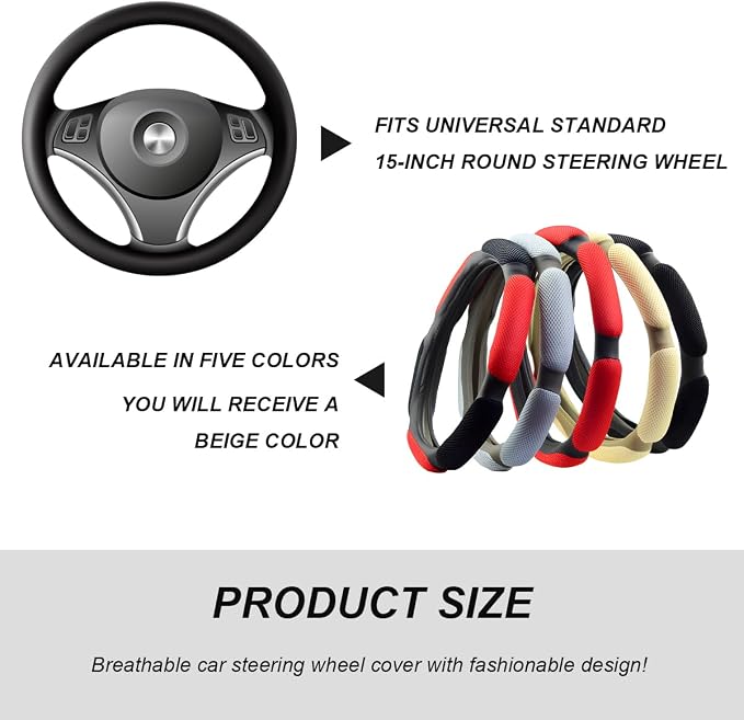 Car Steering Wheel Cover, 15" Anti-Slip Steering Wheel Protector Soft Hand Pad Cushion, Breathable Ice Silk Auto Wheel Wraps Comfy Grip All-Season Protector for Most Vehicles (Beige)