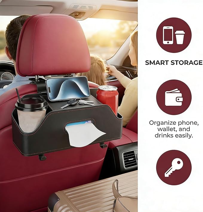 Car Backseat Headrest Organizer, Multifunctional 4-in-1 Back Seat Tissue Box with Cup Holders Hooks, Auto Seat Back Storage Organizer for Hold Phones, Drinks, Bags, Universal Fit (Black)
