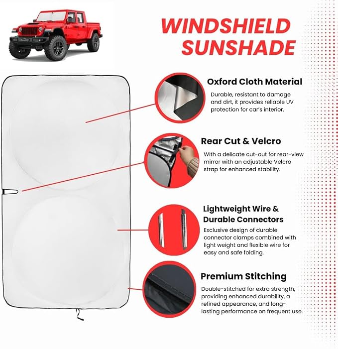 Windshield Sun Shade Compatible for Jeep Wrangler, Rubicon, Sahara, Gladiator, Sport S, Willys 41, High Altitude| Certified 99% UVA & UVB Car Sun Shade. Award Winning & Patented | by Kinder Fluff