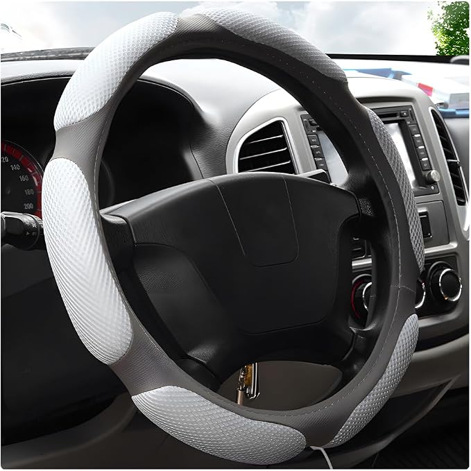 Car Steering Wheel Cover, 15" Anti-Slip Steering Wheel Protector Soft Hand Pad Cushion, Breathable Ice Silk Auto Wheel Wraps Comfy Grip All-Season Protector for Most Vehicles (Gray)