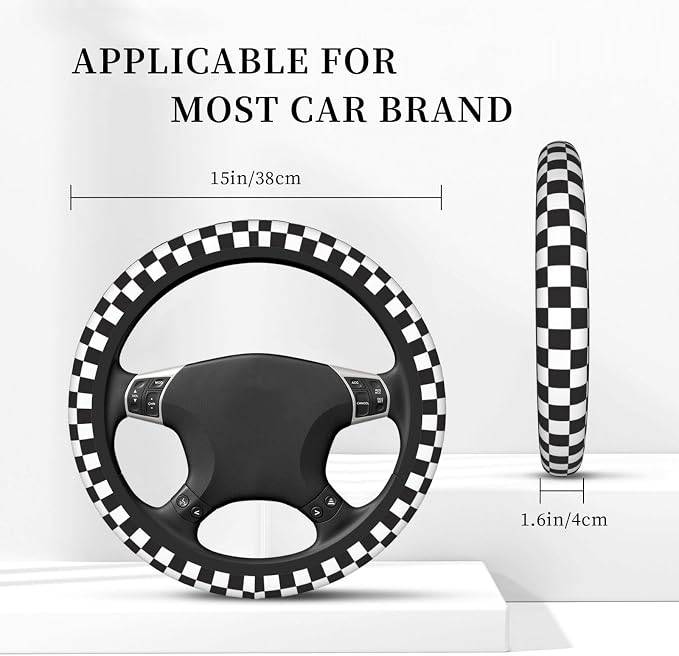 Black and White Checkered Steering Wheel Cover for Women, Universal Auto Steering Wheel 14-15 Inch Car Interior Accessories with 2PCS Car Coasters, Suitable for Men and Women