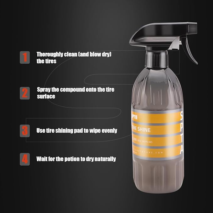 SPTA Tire Shine Spray, 16 Oz 500ml Extra Glossy Tire Shine Spray, Dry-to-Touch Dressing - Restores Wet Look to Rubber, Vinyl, and Plastic, Safe for Cars, Trucks, Motorcycles, RVs, and More -US-CL008