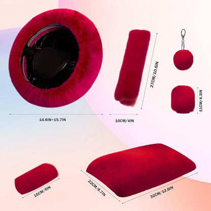 7PCS Set car Interior Aesthetic Accessories, Fluffy 15 inch Steering Wheel Cover, armrest pad, seat Belt Cover,Gear Shift Cover, Fit Girly car Accessories for Women.