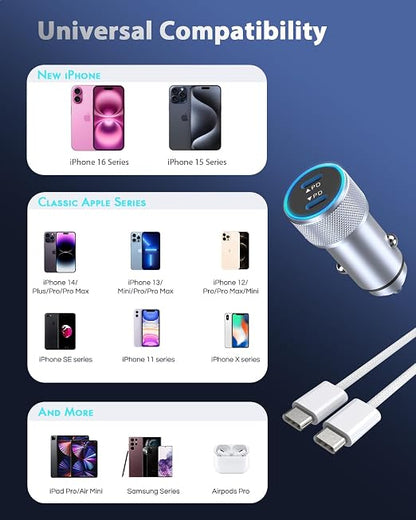 iPhone 16 Car Charger,USB C Fast Car Charger Adapter 2Pack Dual USB C Port Fast CarCharger with 6Feet Long Type C to C Braided Charging Cable Fast Charging for iPhone 16/16 Pro/16 Pro Max/15/iPad