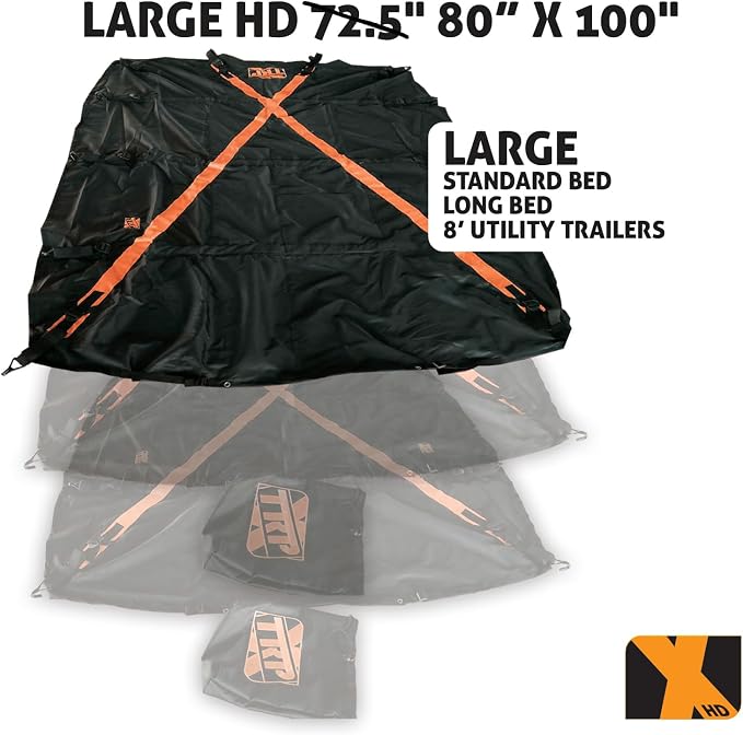 The Heavy Duty X-Cover by TRPx - Trailer and Truck Bed Cover Large - Integrated Heavy Duty Black Tarp and Tie Down System. Fits: Standard Bed, Long Bed Trucks and Utility Trailers up to 8' Long.