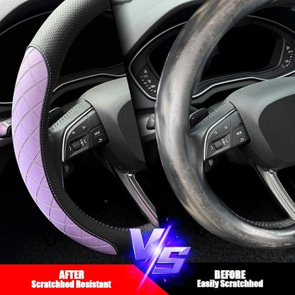 LKWLIKEI Nappa leather steering wheel cover,elegant diamond checkered design, non-slip wear-resistant, enhance driving comfort, suitable for steering wheel diameter 14 1/2‘-15’ models.Black and purple