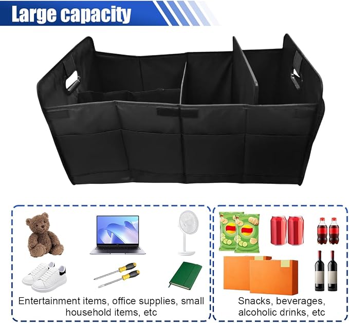 Car Trunk Organizer, Large Capacity Oxford Cloth Car Storage Box, Collapsible Multi-Compartment Organization Container, Waterproof Auto Interior Storage Accessories (Black)