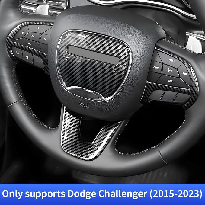 Carbon Fiber Style Car Steering Wheel Trim Cover Panel for Dodge Challenger Charger 2015-2023 and Dodge Durango 2014-2020 Auto Interior Decorations Accessories Center Console Protection Covers