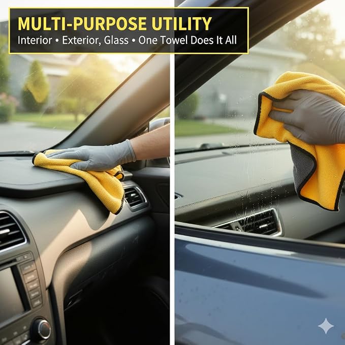 Premium Dual-Sided Microfiber Car Cleaning Towel – 15.5" x 11.8" Scratch-Free, Super Absorbent, Lint-Free Cloth for Auto Detailing, Polishing, Drying & Washing – Yellow & Gray
