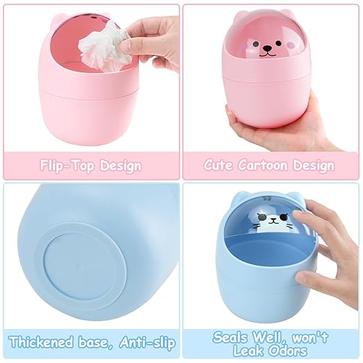 Mini Trash Can, Cute Small Trash Can with Lid, Desktop Paper Bin with 5 Rolls of Bin Liners, Portable Tabletop Dustbin, Cartoon Animal Rubbish Storage for Kitchen(Blue)
