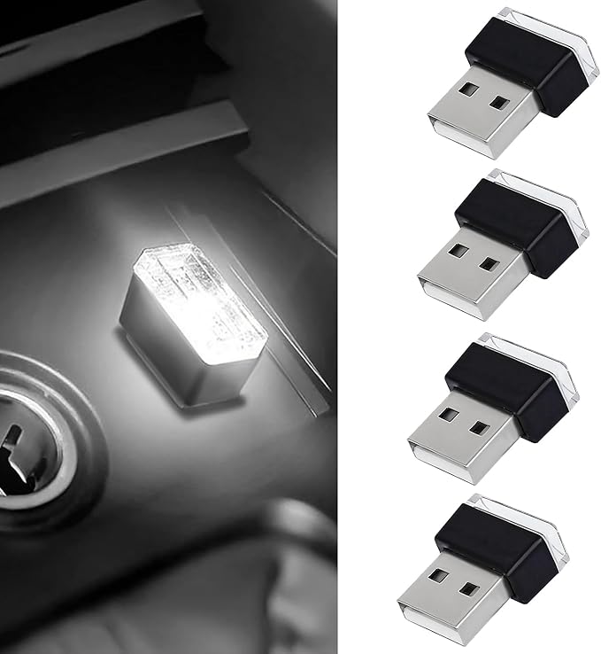4 PCS USB LED Car Interior Atmosphere Lamp, Portable Mini Auto LED Decor Night Light, Plug-in USB Interface Ambient Lighting Kit, Universal Car Interior Accessories(White)