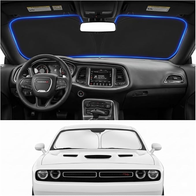 Custom Fit Windshield Sun Shade for Dodge Challenger 2015-2026 | Custom Fit Windshield Cover, Blocks UV Rays, Double-Layer Heat Shield, Durable Frame, Easy Fold & Storage