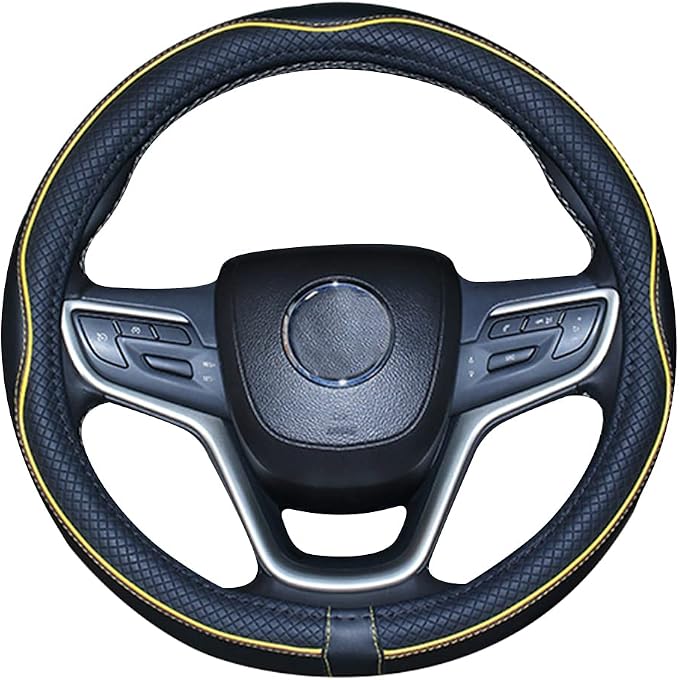 Mayco Bell Universal Standard Size Steering Wheel Cover Anti-Slip,Safety,Soft,Breathable,Durable,Full Surround,Comfortable Grip Microfiber Leather (14.5-15 inch,Black Yellow)