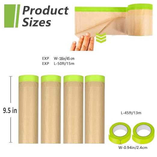 4 Rolls Pre-Taped Masking Paper and 2 Rolls Masking Tape Set -18 inch x 50 feet Tape and Drape for Painting, Painters Paper for Automotive Paint Masking, Floor Protection,Wall Covering