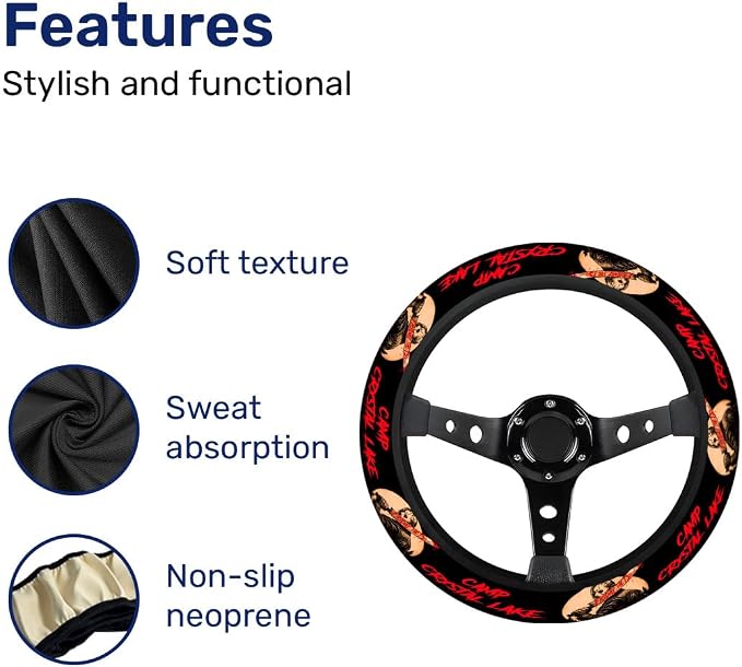 GENANY Hockey Mask Horror Steering Wheel Cover, Non Slip Polyester Car Wheel Protector for Car SUV Truck, Universal 15 Inch