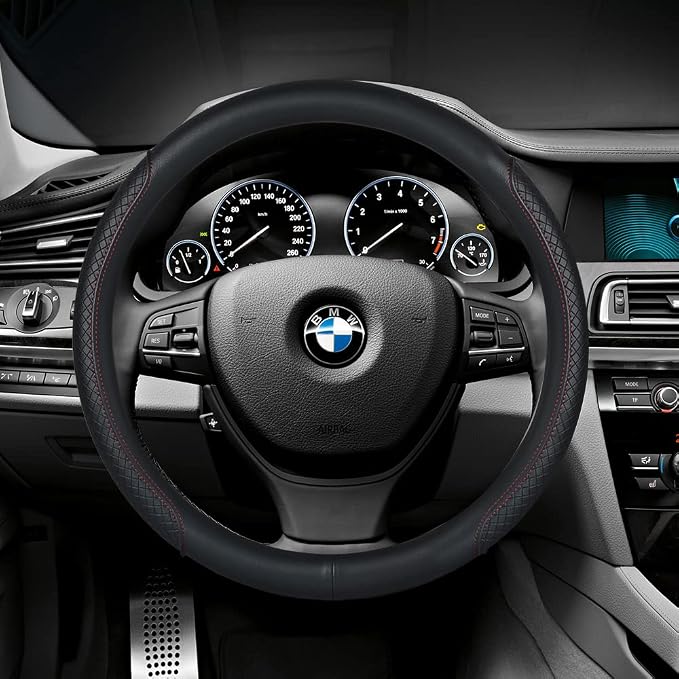 Steering Wheel Cover - Microfiber Leather, Classic Embossing, Anti-Slip Breathable, Fit 15 Inch (Black & Red Line)