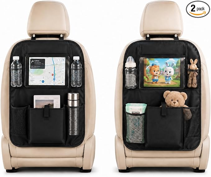 Car Backseat Organizer with 12 Storage Pockets, 12" Touch Screen Tablet Holder, Waterproof Kick Mats Seat Protector, Car Organizers and Storage for Kids, Road Trip Essentials（2 Pack，Black）