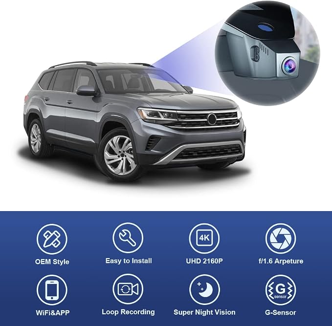 Fitcamx 4K Dash Cam Suitable for Volkswagen Atlas 2018-2026 (Model A/Slim-Tail) & Atlas Cross Sport 2020-2026, OEM Look, UHD 2160P Video, WiFi & APP, Loop Recording, Parking Sensor, Plug & Play, 64GB