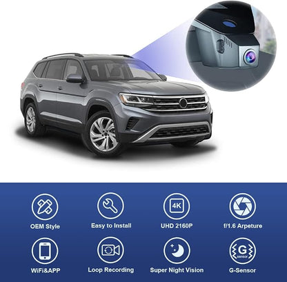 Fitcamx 4K Dash Cam Suitable for Volkswagen Atlas 2018-2026 (Model A/Slim-Tail) & Atlas Cross Sport 2020-2026, OEM Look, UHD 2160P Video, WiFi & APP, Loop Recording, Parking Sensor, Plug & Play, 64GB
