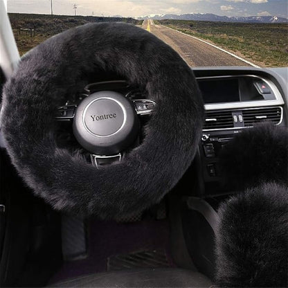 Yontree Fashion Fluffy Steering Wheel Covers for Women/Girls/Ladies/Men Australia Pure Wool Universal 15 Inch 1 Set 3 Pcs (Black)