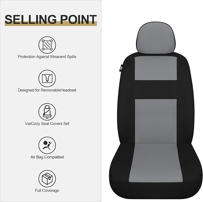 VarCozy Seat Covers for Car Front Pair, Breathable Cloth Front Car Seat Covers, Universal Cloth Seat Covers for SUV Sedan Van, Automotive Interior Covers, Airbag Compatible
