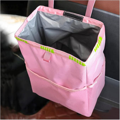 Fekey&JF Hanging Car Trash Can with Storage Pockets, Waterproof Leakproof Oxford Auto Garbage Bag, Multi-Use Organizer for Outdoor Traveling, Foldable Trash Bin for Truck, SUV, Home, Office (Pink)