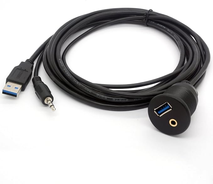 USB 3.0 Flush Mount Cable - USB 3.0 and 3.5mm Aux Extention Mount, Flush, Dash, Panel Mount Cable 1/8 AUX for Car Bike Boat Motorcycle Radio Stereo Android (2 Meter/6Ft)