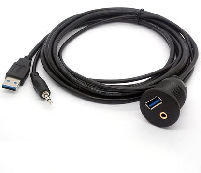 USB 3.0 Flush Mount Cable - USB 3.0 and 3.5mm Aux Extention Mount, Flush, Dash, Panel Mount Cable 1/8 AUX for Car Bike Boat Motorcycle Radio Stereo Android (2 Meter/6Ft)