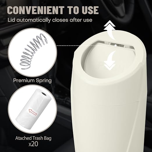 Car Trash Can Bin with Lid - Car Garbage Can Cup Holder - Cream Mini Leakproof Vehicle Garbage Bin with 20pcs Trash Bags-Automotive Organizers and Storage for Front Back Seat Accessories